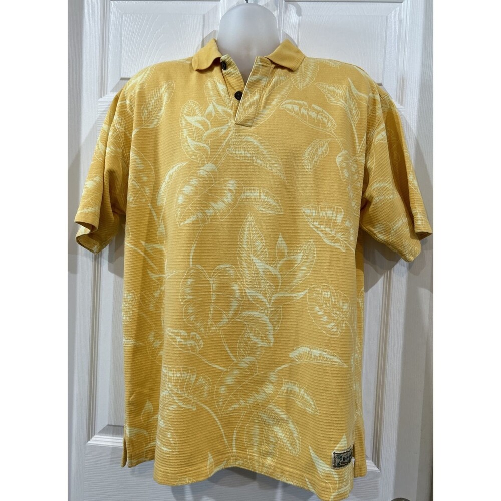 Vintage Tommy Bahama Tropical Print Polo Golf Shirt Yellow Ribbed Cotton Men's M